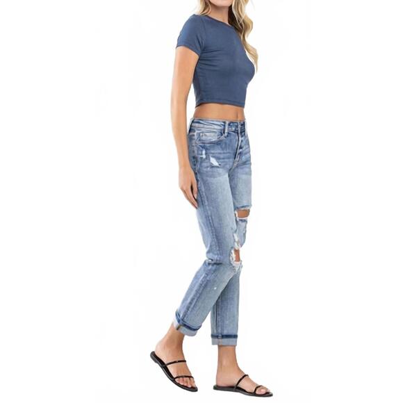 NEW VERVET BY FLYING MONKEY high rise cuffed distressed paint boyfriend jeans in - Picture 2 of 5